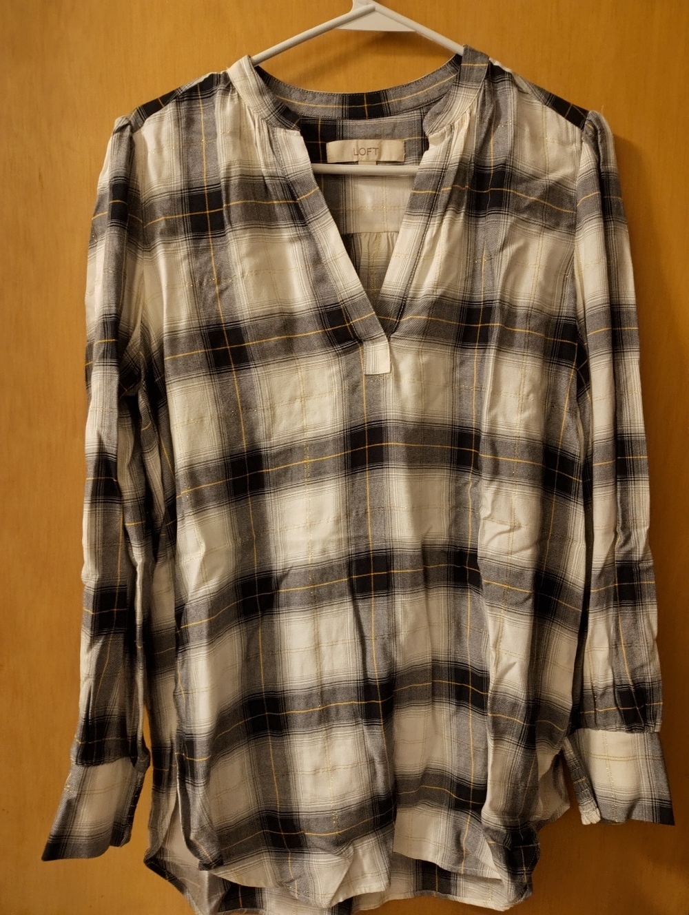 LOFT Black, White & Mustard Plaid V-Neck Tunic